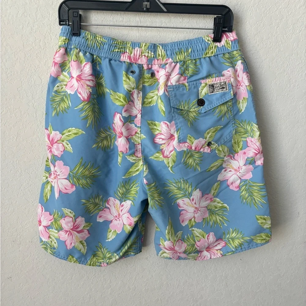 Polo Ralph Lauren Men Swim Trunks Tropical Hawaiian Floral Blue Size Medium